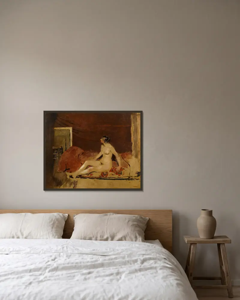 Akt på en filt med rött blommönster av Édouard Vuillard inramad på en vägg