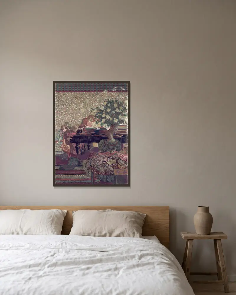 Figurer i en interiör. Musiken av Édouard Vuillard inramad på en vägg