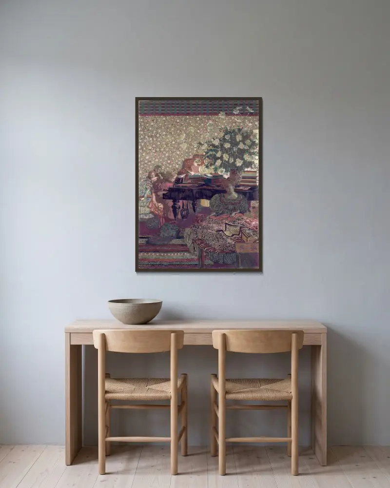 Figurer i en interiör. Musiken av Édouard Vuillard inramad på en vägg