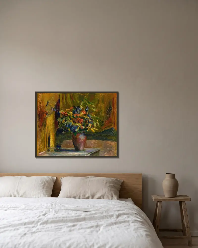 Lärksporre och pelargoner av Édouard Vuillard inramad på en vägg