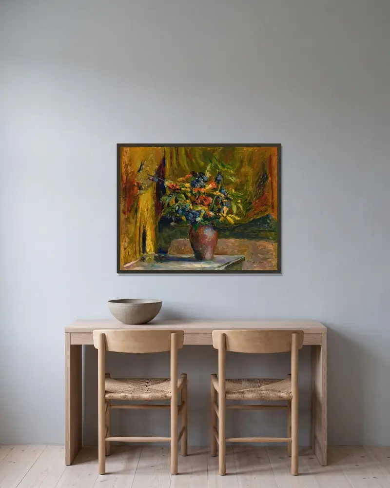 Lärksporre och pelargoner av Édouard Vuillard inramad på en vägg