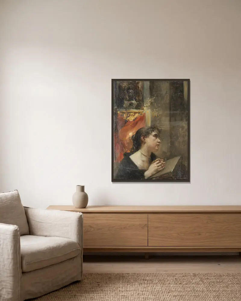 Andacht in der Kirche av Eduard Veith inramad på en vägg