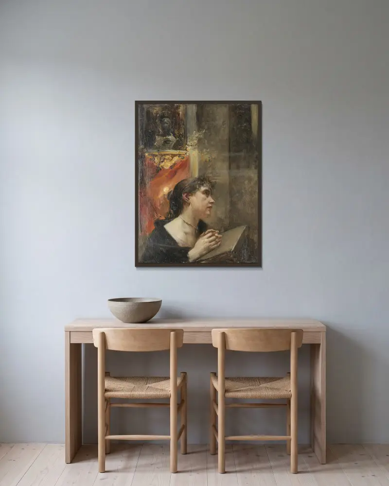 Andacht in der Kirche av Eduard Veith inramad på en vägg