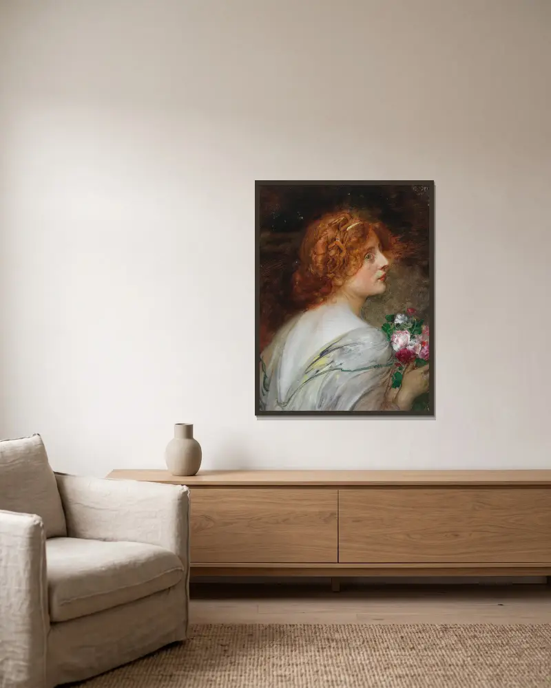 Kvinna bakifrån i profil med en bukett rosor i händerna av Eduard Veith inramad på en vägg