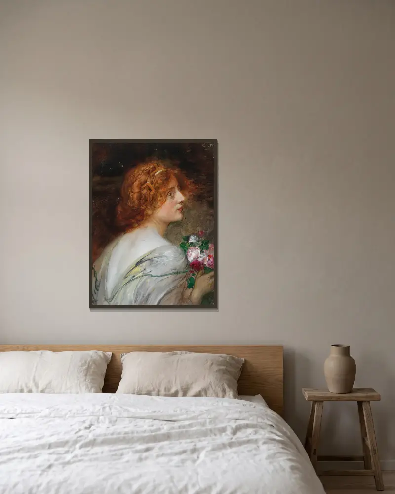 Kvinna bakifrån i profil med en bukett rosor i händerna av Eduard Veith inramad på en vägg