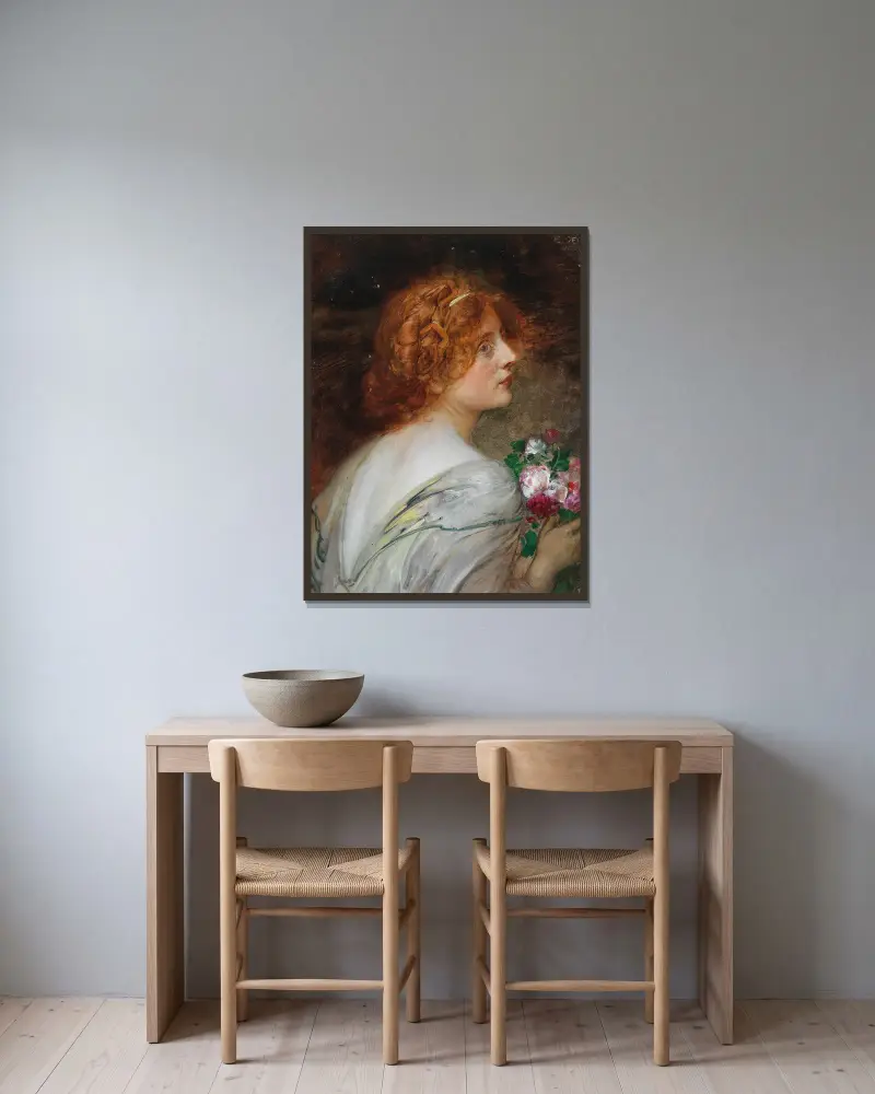 Kvinna bakifrån i profil med en bukett rosor i händerna av Eduard Veith inramad på en vägg