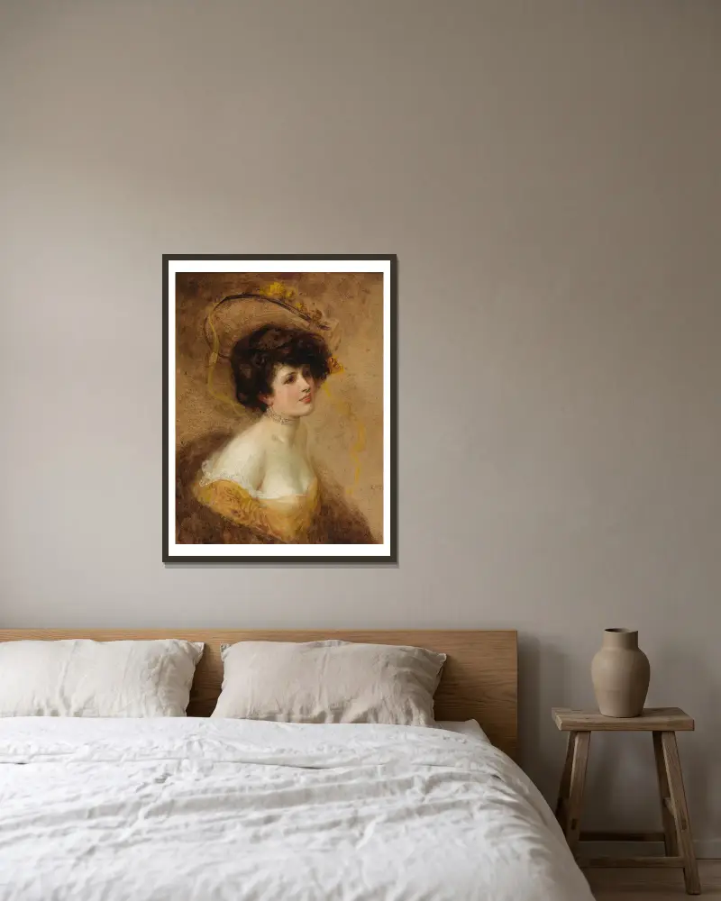 Dame mit Hut in gelbem Kleid – nr 1 av Eduard Veith inramad på en vägg