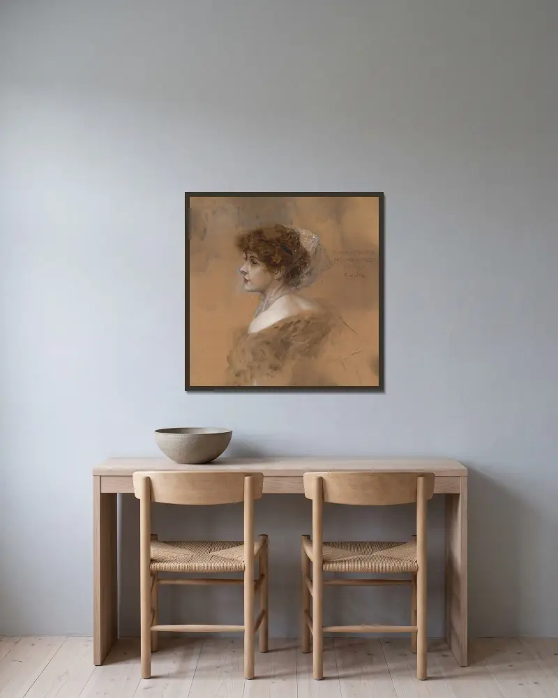 Tre fjärdedels porträtt av en ung kvinna av Eduard Veith inramad på en vägg