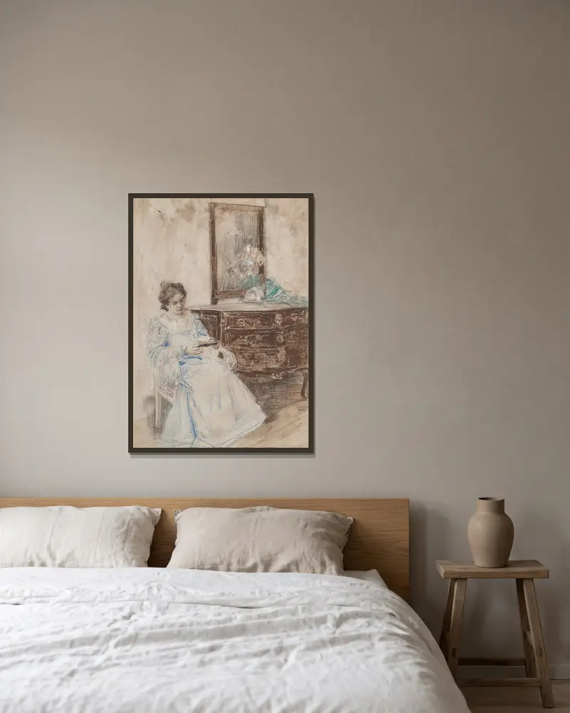 Lesende Frau av Eduard Veith inramad på en vägg