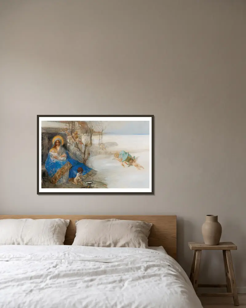 Madonna med barnet omgiven av änglar av Eduard Veith inramad på en vägg