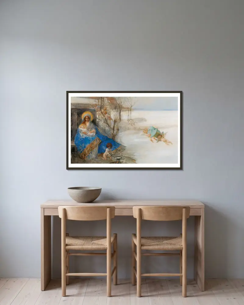 Madonna med barnet omgiven av änglar av Eduard Veith inramad på en vägg