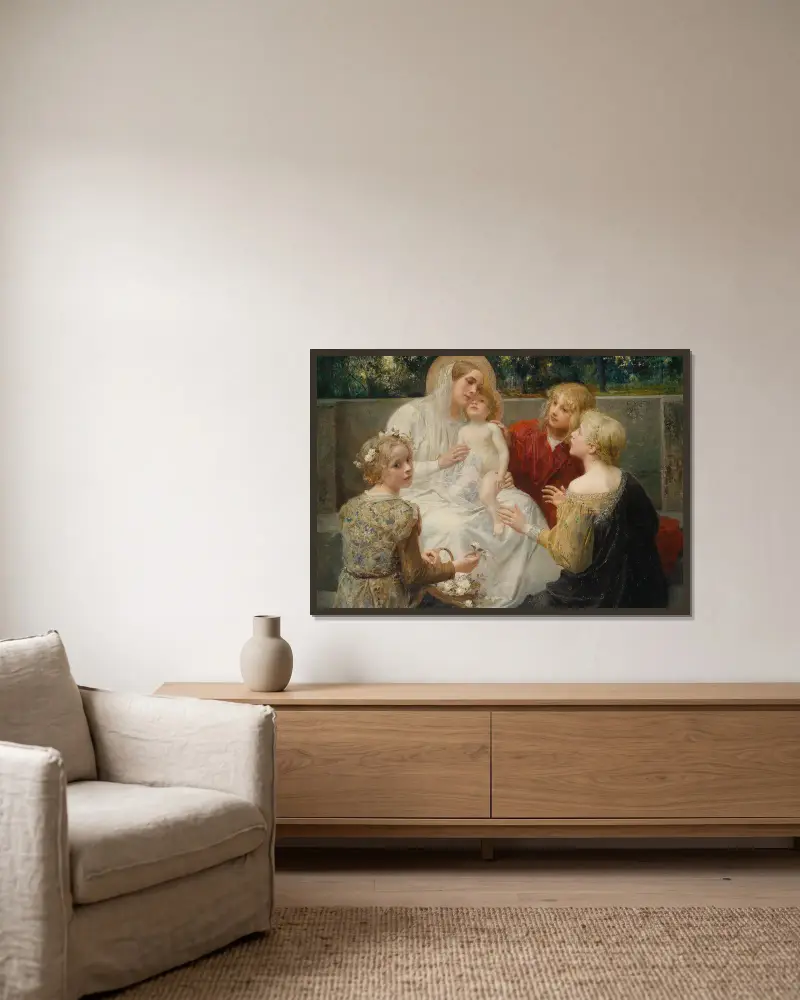 Madonna mit Jesus, umgeben von Kindern von Eduard Veith gerahmt an einer Wand