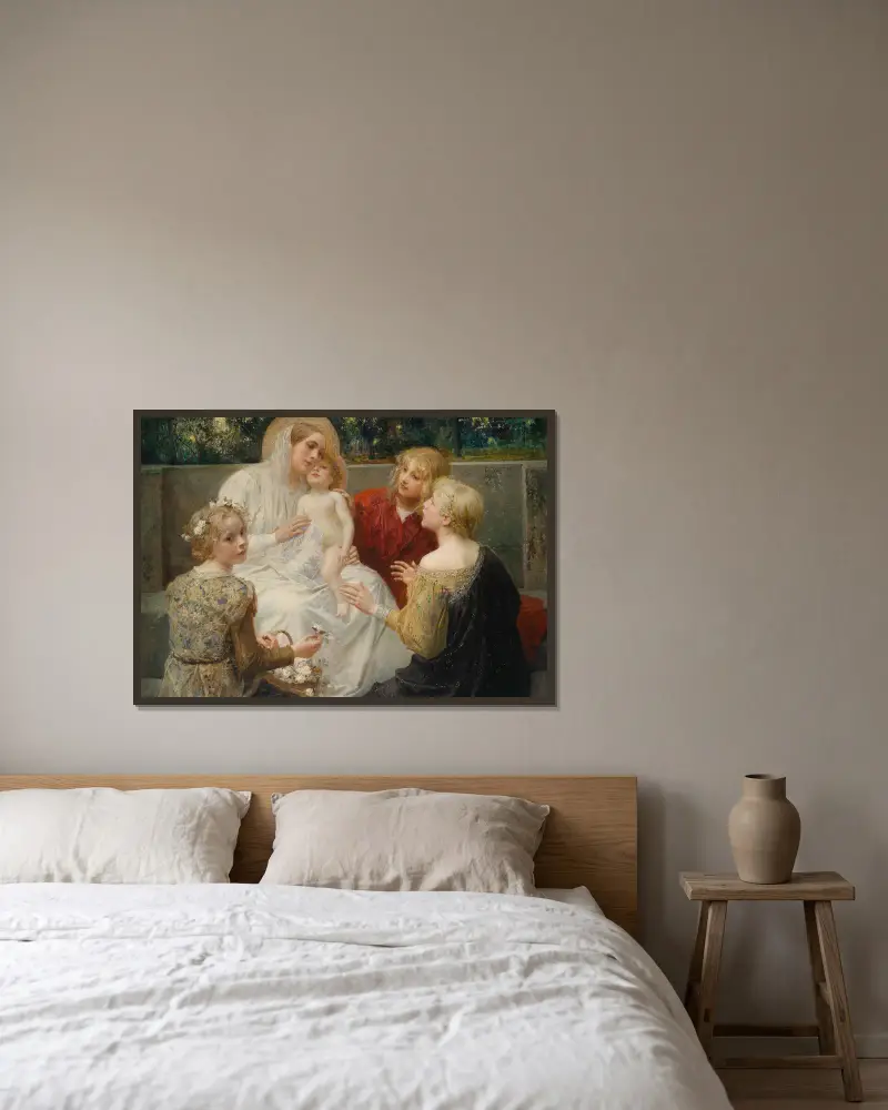Madonna mit Jesus, umgeben von Kindern von Eduard Veith gerahmt an einer Wand