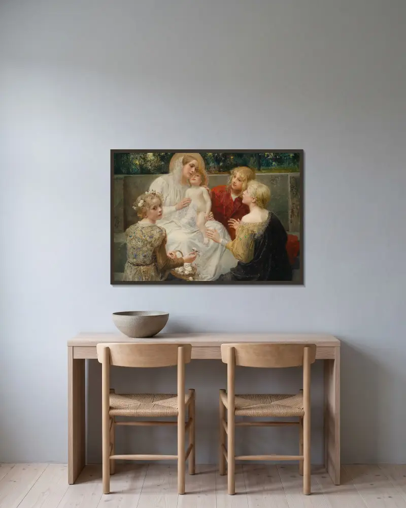 Madonna mit Jesus, umgeben von Kindern von Eduard Veith gerahmt an einer Wand