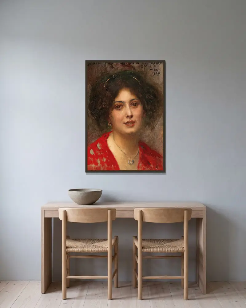 Porträtt av en ung kvinna i röd klänning av Eduard Veith inramad på en vägg