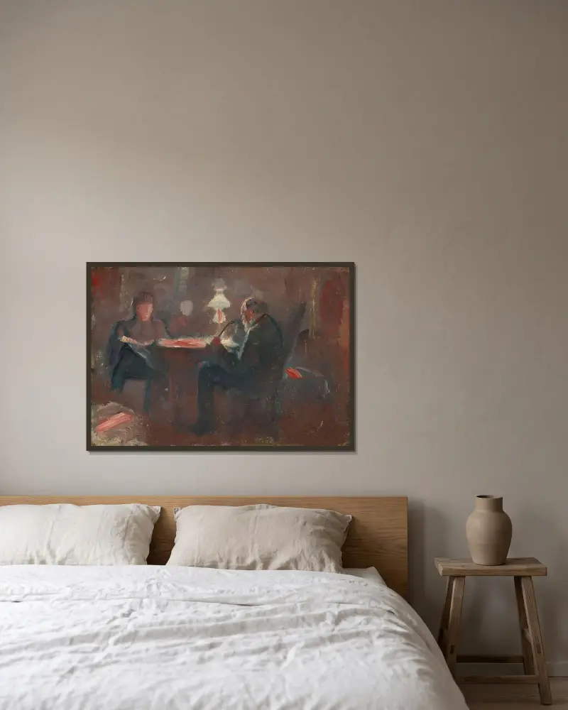 Kolem petrolejové lampy, Edvard Munch v rámu na stěně