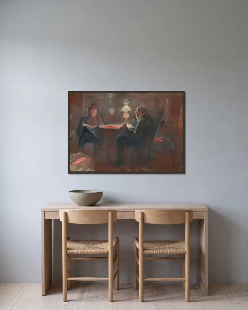 Kolem petrolejové lampy, Edvard Munch v rámu na stěně