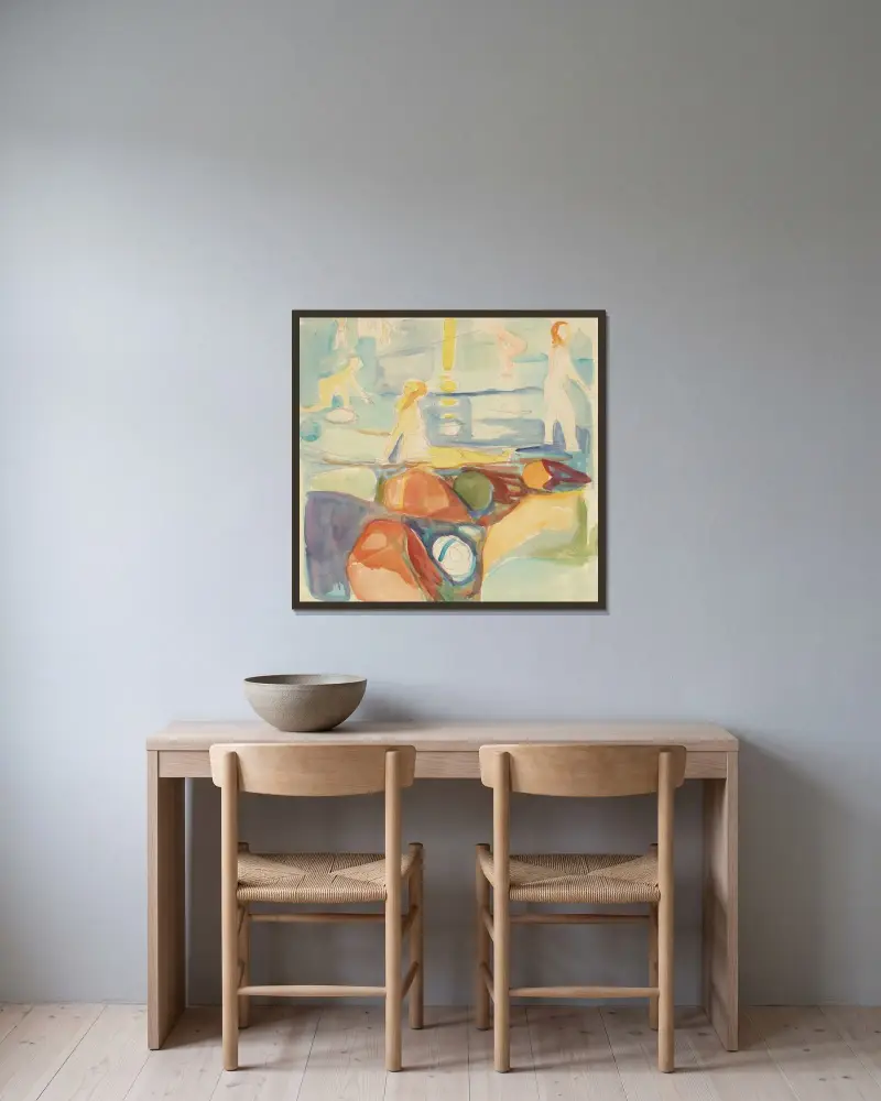 Badende kvinner, Åsgårdstrand av Edvard Munch inramad på en vägg