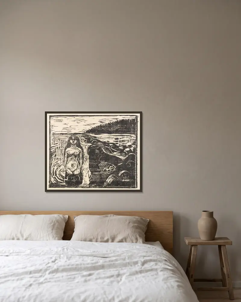 Badendes Weib av Edvard Munch inramad på en vägg