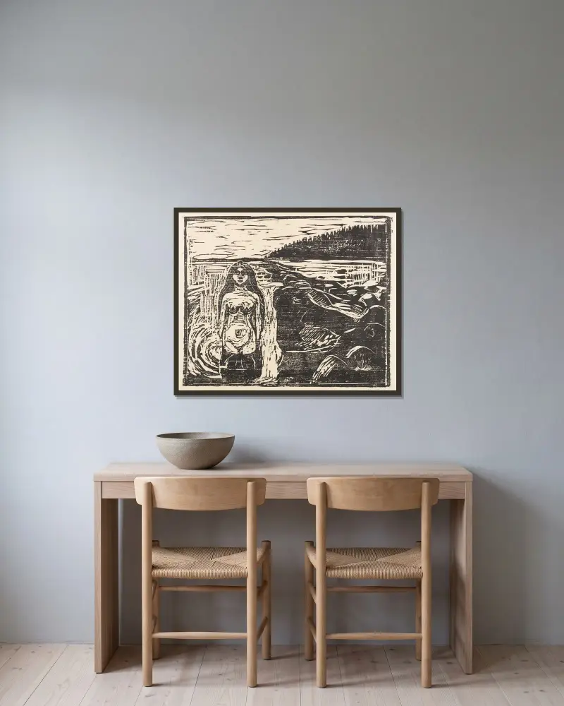 Badendes Weib av Edvard Munch inramad på en vägg