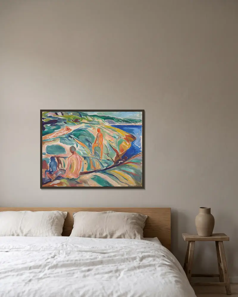 Kąpiący się mężczyźni na skałach, Edvard Munch w ramie na ścianie