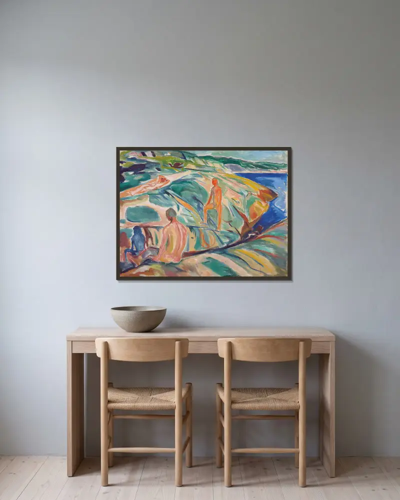 Kąpiący się mężczyźni na skałach, Edvard Munch w ramie na ścianie