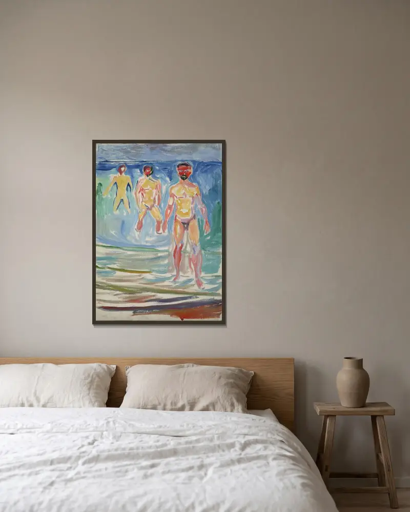 Badende Männer, 1907 von Edvard Munch gerahmt an einer Wand