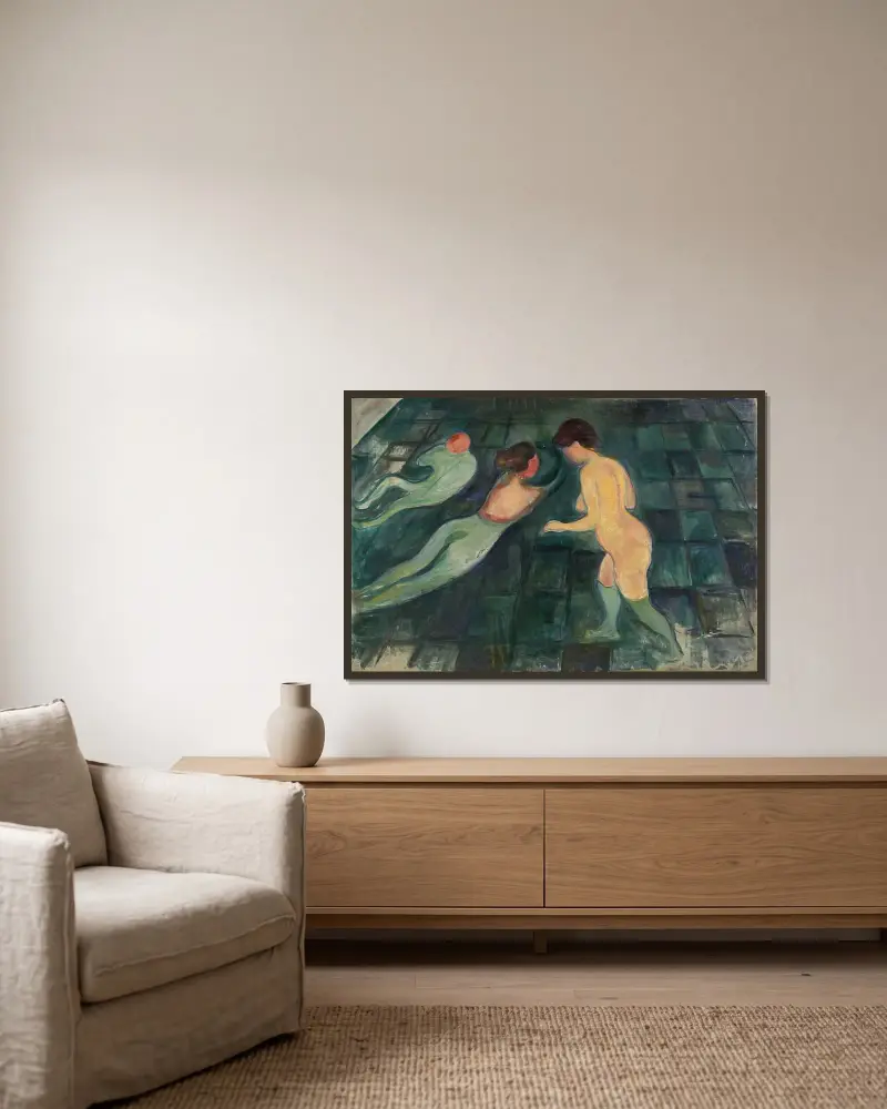 Koupající se ženy, 1896, Edvard Munch v rámu na stěně