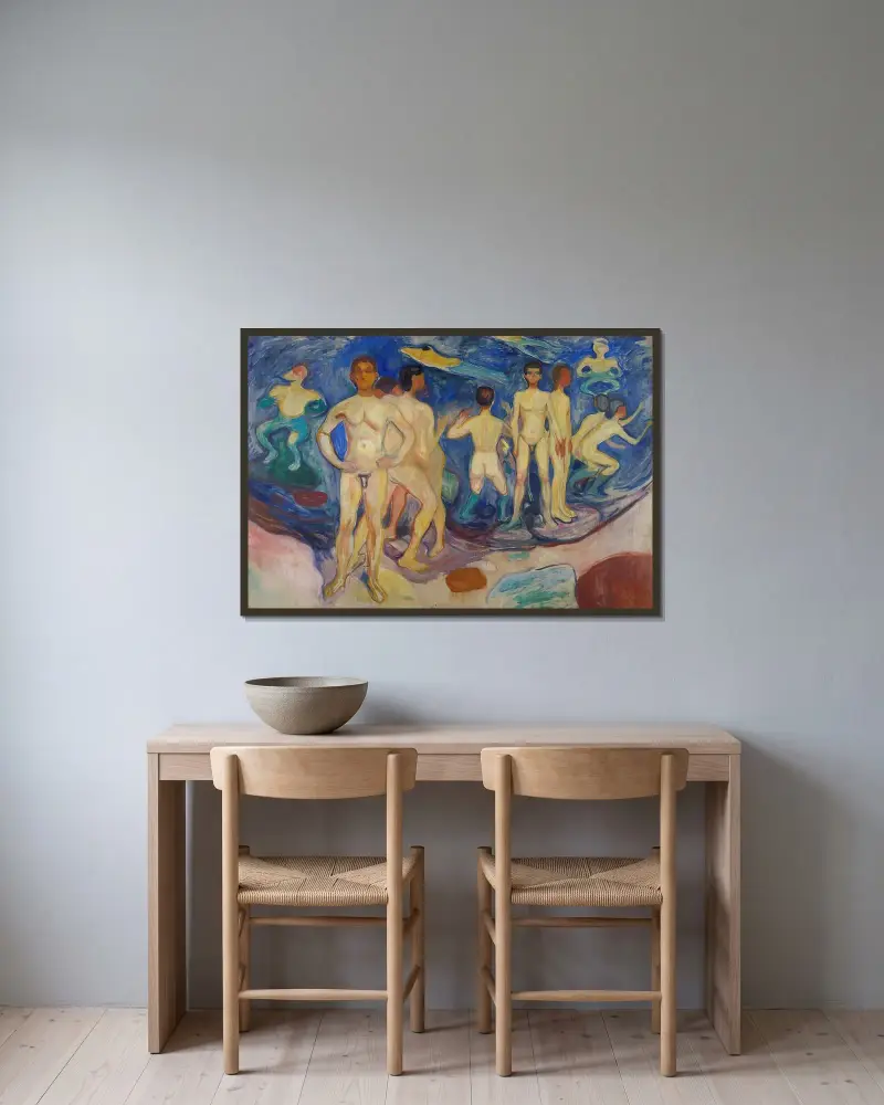 Bathing Young Men av Edvard Munch inramad på en vägg
