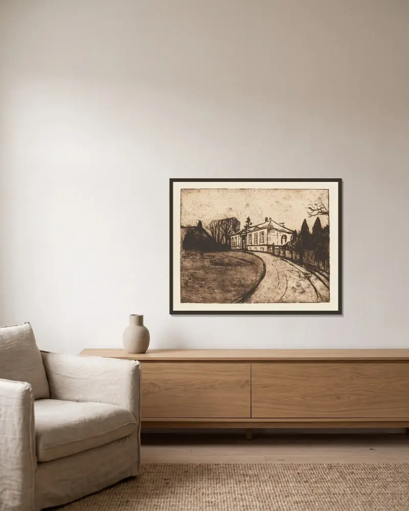 Das Haus von Edvard Munch gerahmt an einer Wand