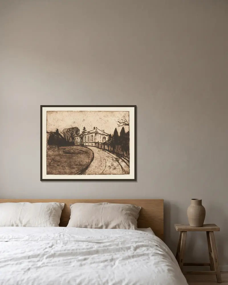 Das Haus von Edvard Munch gerahmt an einer Wand