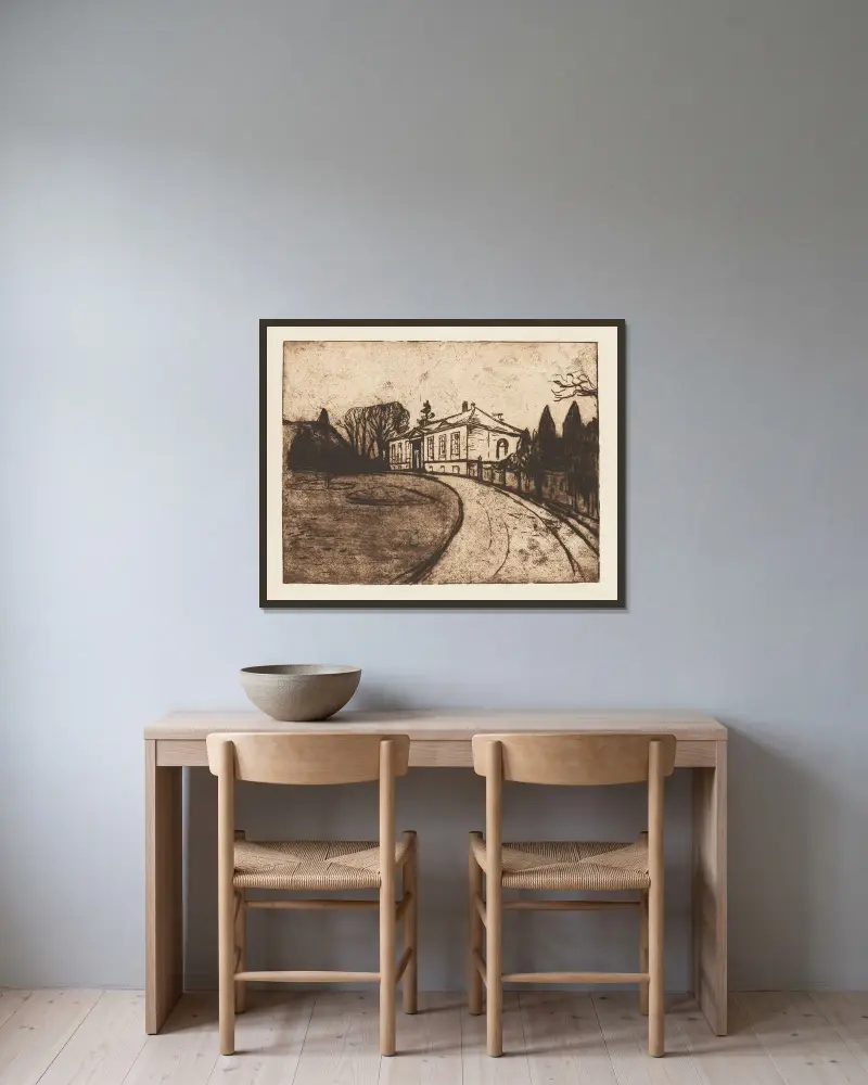 Das Haus von Edvard Munch gerahmt an einer Wand
