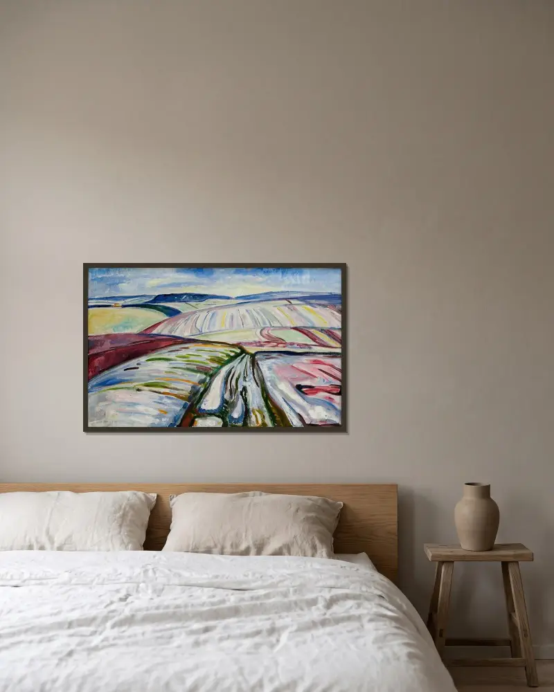 Field in Snow av Edvard Munch inramad på en vägg