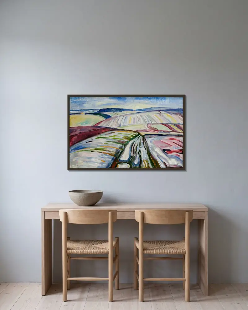 Field in Snow av Edvard Munch inramad på en vägg