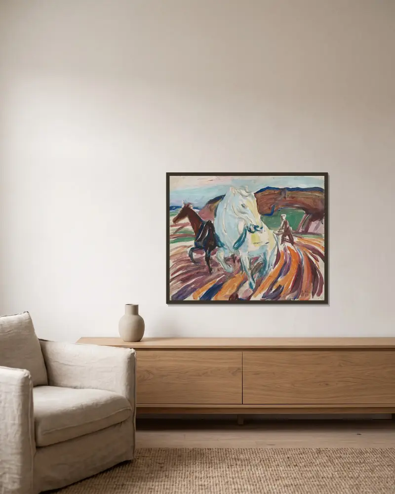 Horses Ploughing av Edvard Munch inramad på en vägg