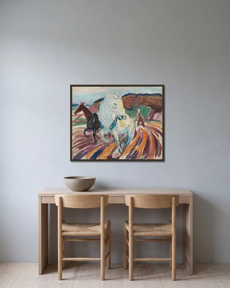 Horses Ploughing av Edvard Munch inramad på en vägg