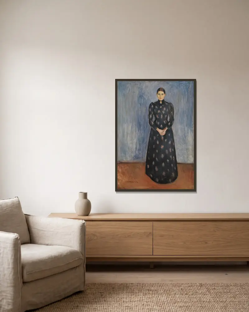 Inger v černé a fialové, Edvard Munch v rámu na stěně