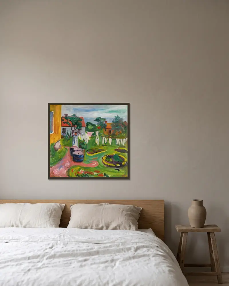 Prádlo na šňůře v Åsgårdstrandu, Edvard Munch v rámu na stěně