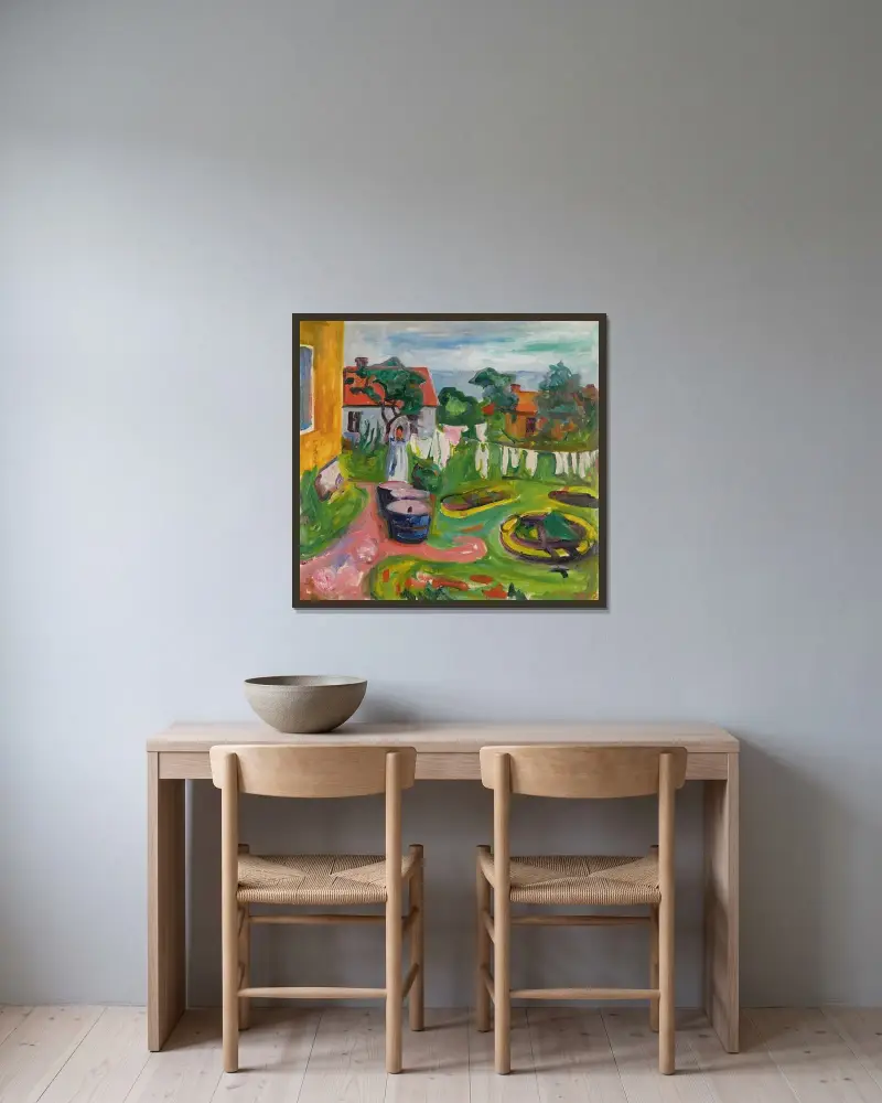 Prádlo na šňůře v Åsgårdstrandu, Edvard Munch v rámu na stěně