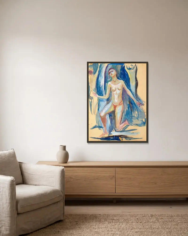 Klečící ženská postava, Edvard Munch v rámu na stěně