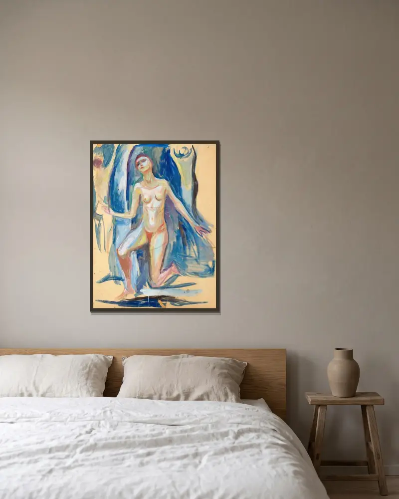Klečící ženská postava, Edvard Munch v rámu na stěně