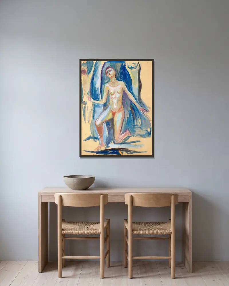 Klečící ženská postava, Edvard Munch v rámu na stěně