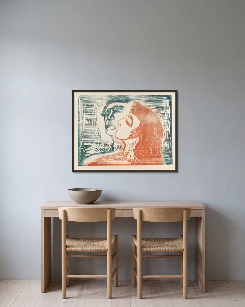 Kopf bei Kopf (Mann und Weib sich küssend) av Edvard Munch inramad på en vägg