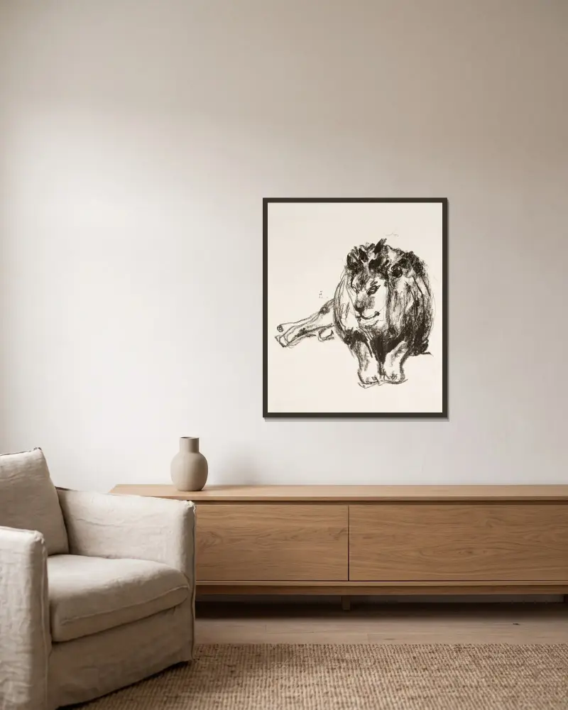 Lion Lying Down av Edvard Munch inramad på en vägg