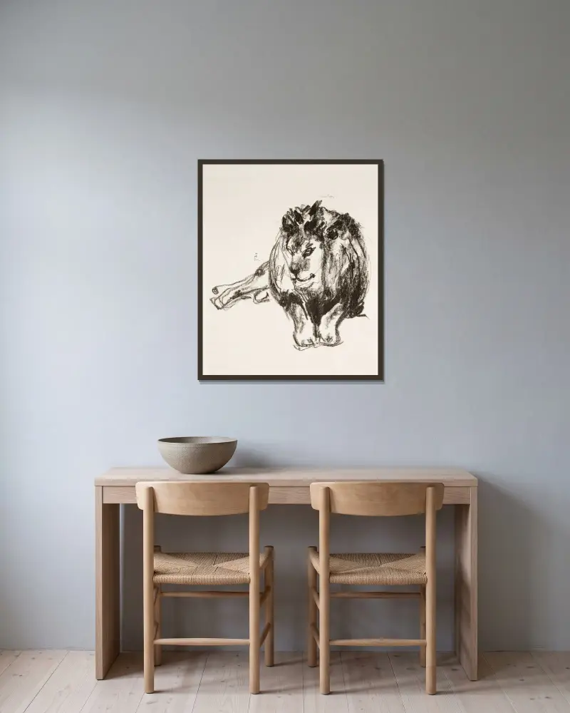 Lion Lying Down av Edvard Munch inramad på en vägg