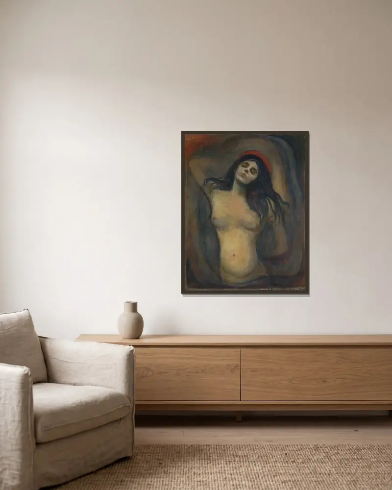 Madonna, 1894 av Edvard Munch inramad på en vägg