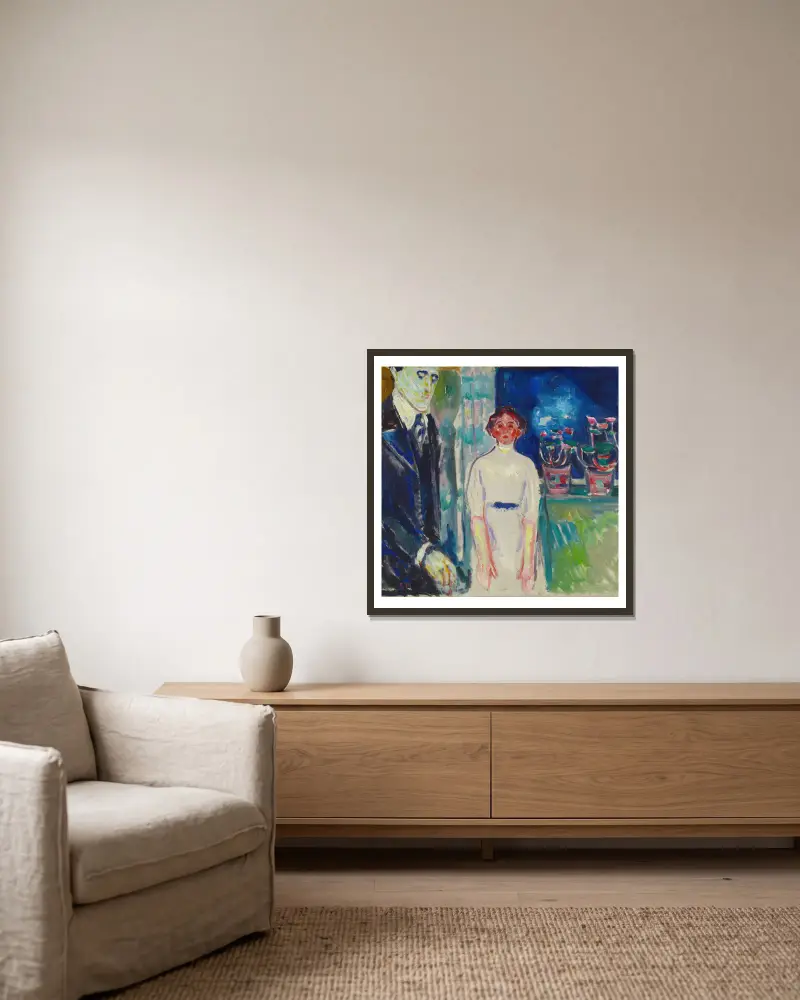 Mann und Frau am Fenster mit Topfpflanzen von Edvard Munch gerahmt an einer Wand