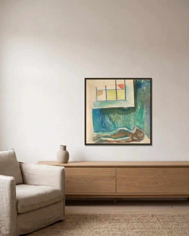 Manskropp på obduksjonsbordet av Edvard Munch inramad på en vägg