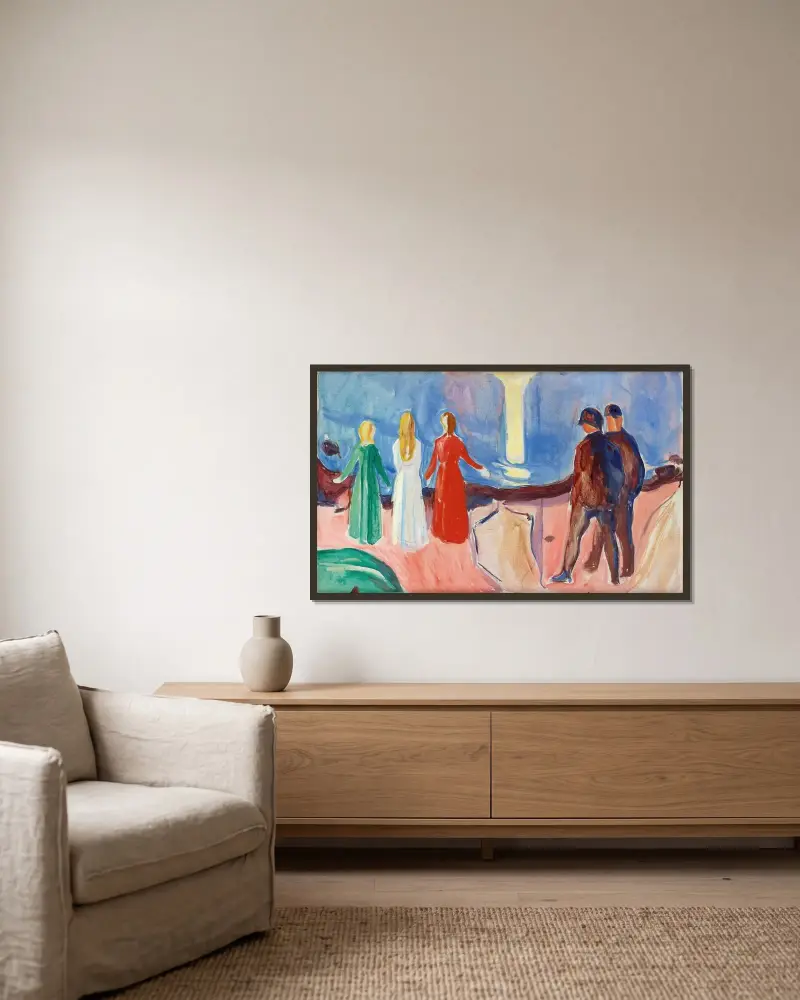 Begegnung am Strand von Edvard Munch gerahmt an einer Wand