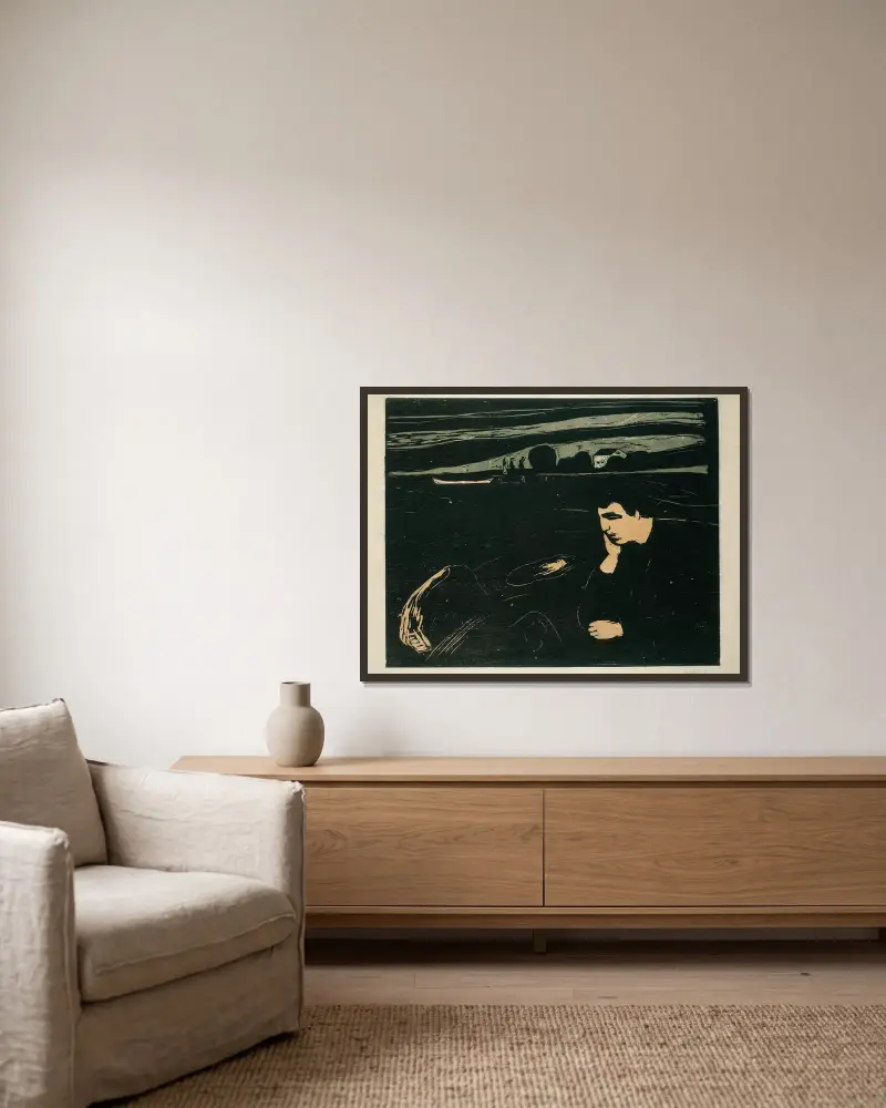 Melancholy III av Edvard Munch inramad på en vägg